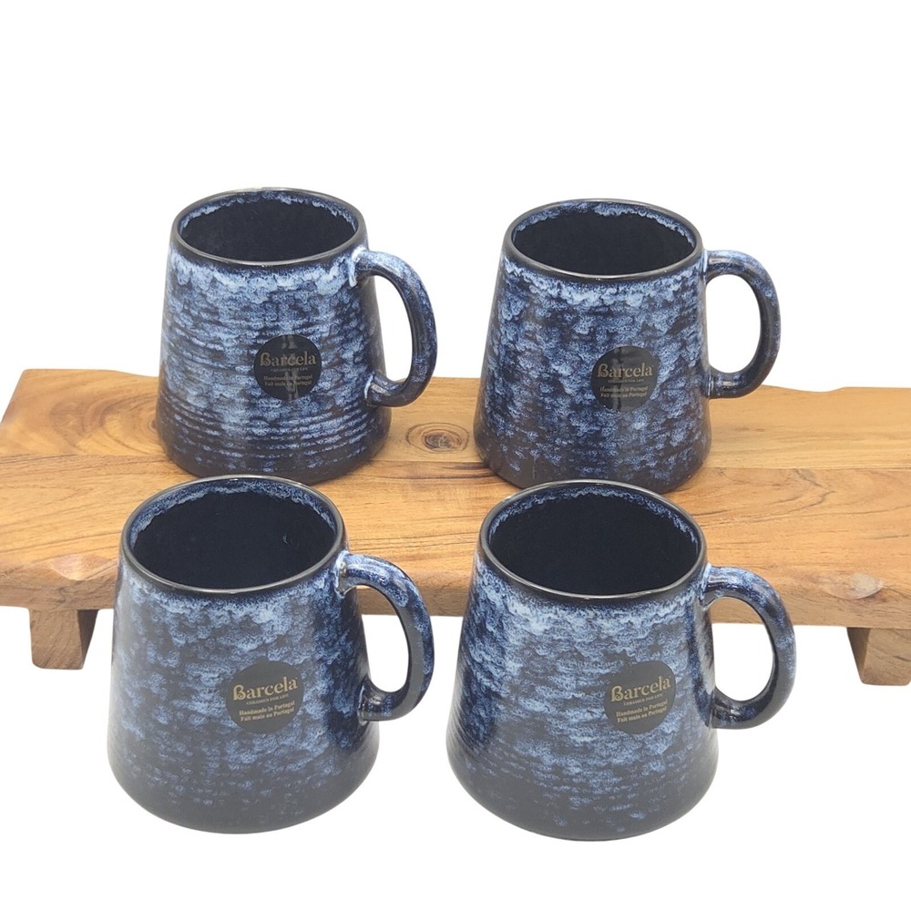Barcela Handmade Stoneware Mug Set of 4 Navy Blue Ribbed Reactive Glaze Portugal